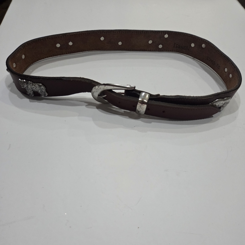 Vtg.Honest Brown Leather Men's Belt With Metal Animals Sz.32